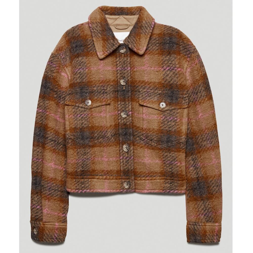 Aritzia Wilfred Autumn Shirt Jacket Wool Shacket Brown Pink Plaid
